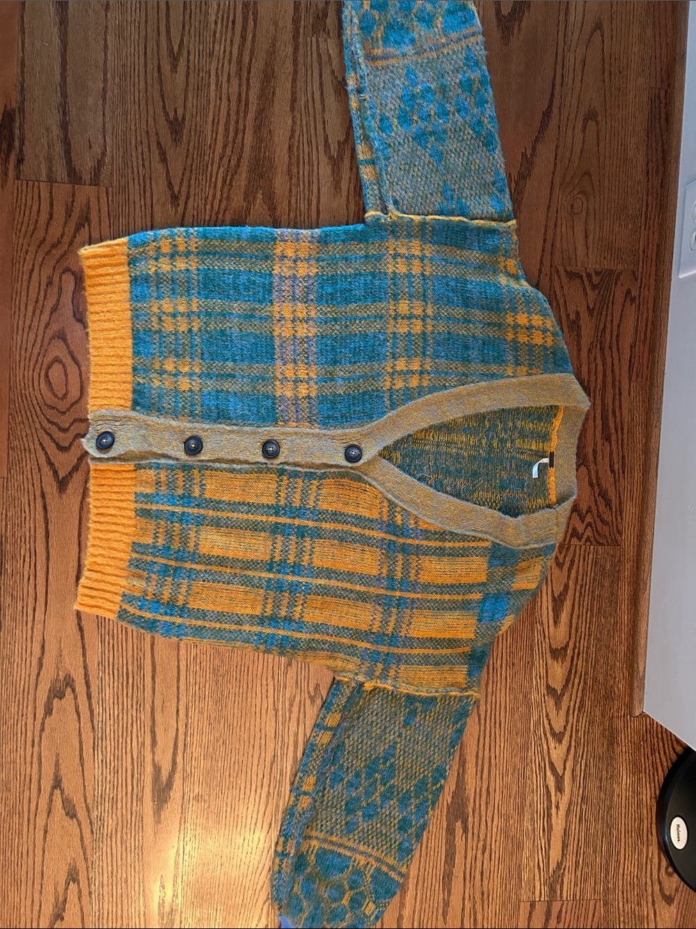 FREE PEOPLE Plaid Button-Front oversized Cardigan  Blue and Yellow